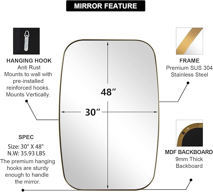 ANDY STAR Gold Mirror, 30x48’’ Brushed Gold Oval Mirror for Bathroom, Oblong Mirrors with Brass Metal Frame, Oval Vanity Mirror for Modern Farmhouse Wall Decor 1”Deep Set Design-Ruum Studio Home