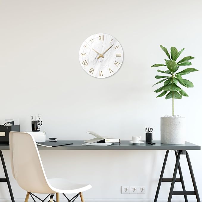 White Small Wall Clocks Battery Operated Marble Analog Clock for Bedroom 12 Inch Round Silent Wall Clock Modern-Ruum Studio Home