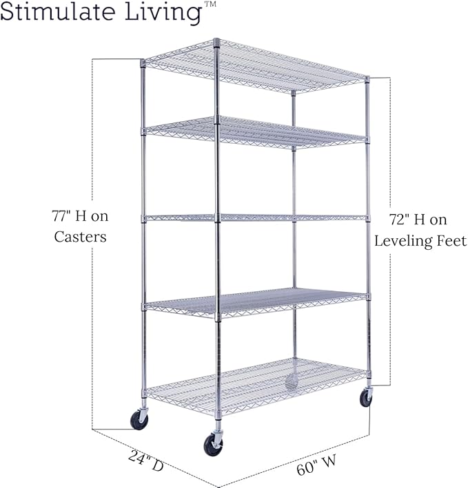 48"x24"x72" Prime Heavy Duty Chrome 5-Tier Steel Wire Shelving NSF 4000 LBS MAX Capacity Storage Rack for Commercial, School, Home, Garage, Warehouse, Industrial, and Hospital Uses (with Wheels)-Ruum Studio Home