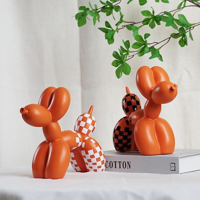 Vilead Resin Balloon Dog Statue with Checkered Pattern,Modern Home Decoration Trendy Animal Art Ornaments,Collection Figurine Bedroom Living Room Office Desktop Sculpture-Ruum Studio Home