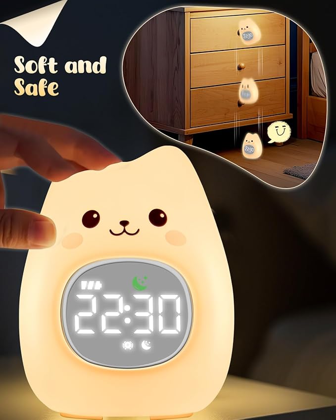 Cat Alarm Clock for Kids with Night Light, Sleep Training Clock Time to Wake Clock, Rechargeable Silicone Light for Bedroom, Perfect Sleep Companion for Boys Girls-Ruum Studio Home