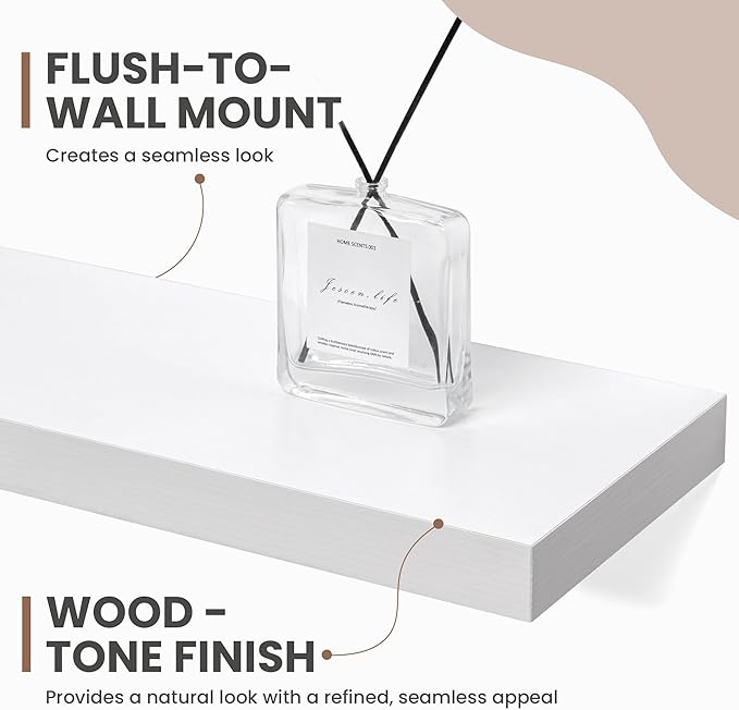 36 Inch Floating Shelves, 8 Inch Deep Floating Shelves for Wall, Hanging Shelf with Invisible Brackets, Deep Shelves for Bathroom, Bedroom, Living Room, White, Set of 2-Ruum Studio Home
