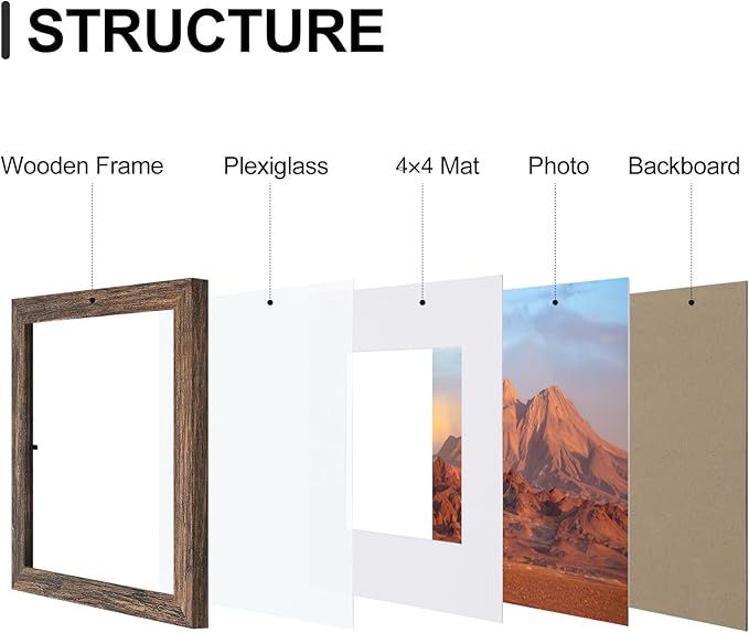 Vittanly 8x8 Picture Frames Set of 9, Shatter Resistant Plexiglass, Display 4x4 Pictures with Mat or 8x8 without Mat, Photo Frames for Wall Mount, Engineered Wood, Brown-Ruum Studio Home