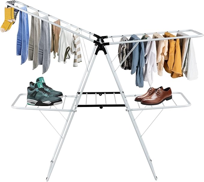COSTWAY Clothes Drying Rack, Foldable 2-Level Laundry Drying Rack w/Height-Adjustable Wings, 33 Drying Rails & Sock Clips, Standing Large Drying Rack for Clothing, Indoor Outdoor Use-Ruum Studio Home