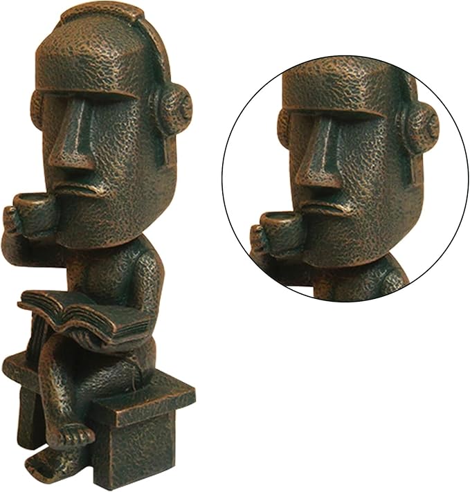 Moai Statue Decor - 6 Inch Easter Island Oranment Resin Stone Decoration for Room Accessories Antique Sculpture for Office Desktop (Read a Book)-Ruum Studio Home