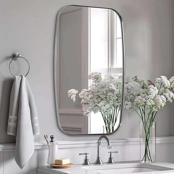 ANDY STAR Brushed Nickel Mirror, 30x48’’ Brushed Nickel Bathroom Oval Mirror with Stainless Steel Metal Frame, Silver Oblong Mirrors Wall Mounted for Bedroom, Living Room Decor-Ruum Studio Home