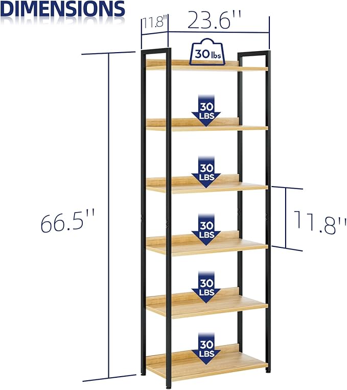 NUMENN Bookshelf, 6 Tier Bookshelves, Home Office Bookcase Shelf Storage Organizer, Free Standing Storage Shelving Unit for Bedroom, Living Room and Home Office, Natural-Ruum Studio Home