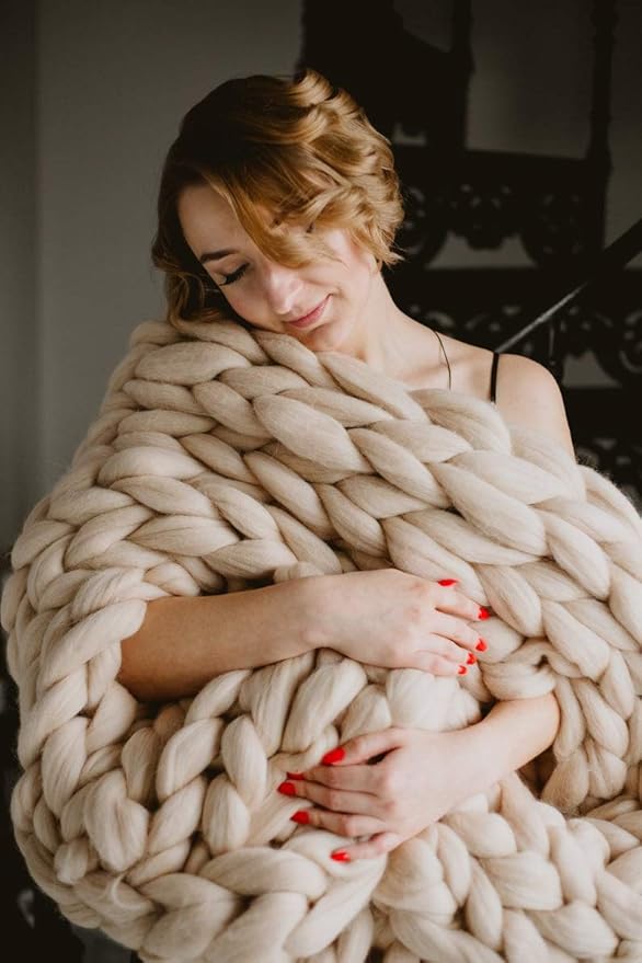 Chunky Knit Blanket Throw - Handmade, Gift Sofa Bed Blanket (Camel 40"x47")-Ruum Studio Home