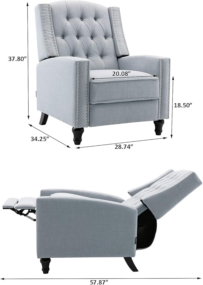 Fabric Push Back Recliner Chair Mid Century Tufted Single Comfy Reading Sofa Chair for Living Room/Bedroom/Home Theatre, Grey-Ruum Studio Home