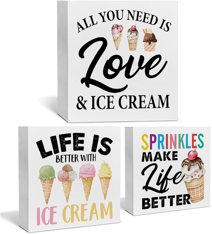 3 Pcs Summer Ice Cream Wood Box Signs Decor Farmhouse Summer Ice Cream Tiered Tray Decor Table Desk Shelf Kitchen Decoration Rustic-Ruum Studio Home