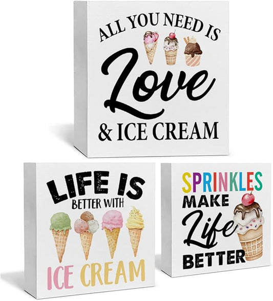 3 Pcs Summer Ice Cream Wood Box Signs Decor Farmhouse Summer Ice Cream Tiered Tray Decor Table Desk Shelf Kitchen Decoration Rustic-Ruum Studio Home