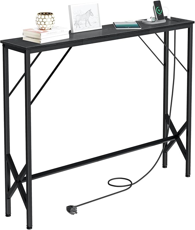 39.4" Console Table, Skinny Entryway Table with Fast-Charging Station, Narrow Long Sofa Table, Behind Slim Couch Table for Entrance, Hallway, Living Room Decor ST-BK100-1-Ruum Studio Home