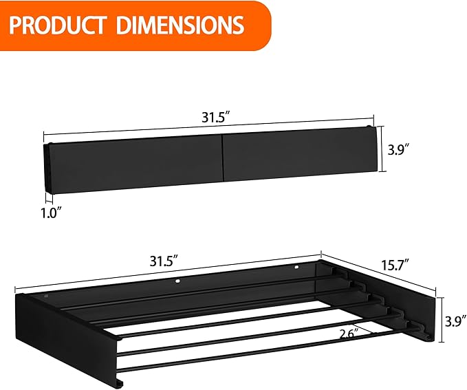 FOCHIER F Laundry Drying Rack Wall Mounted Clothes Drying Rack Collapsible with 5 Aluminum Rods and Drilling Template Long Screwdriver Bit 60 lbs Capacity (Black, 31.5")-Ruum Studio Home
