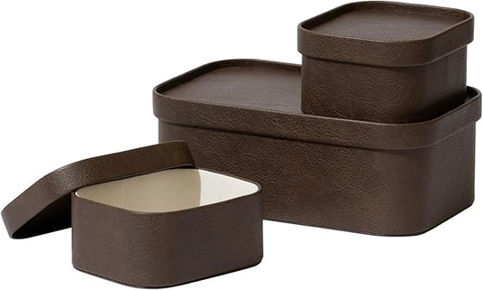 La Jolie Maison Vegan Leather Storage Boxes with Lids, Set of 3 Decorative Storage Containers Organize Stackable Storage Box, Mocha-Ruum Studio Home