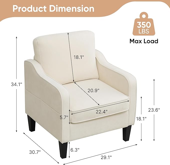 Accent Chair for Living Room, Mid Century Modern Reading Chair for Bedroom, Upholstered Armchair with Side Pockets, Comfy Single Sofa Side Chair for Office, Apartment, Small Room, Beige-Ruum Studio Home