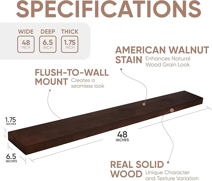 Homeforia 48 inch Walnut Floating Shelf, High End Solid Real Wood Large 48inch Floating Shelves for Wall, Dark Brown 48 inches Long Floating Shelves, Heavy Duty Bracket, 48 X 6.5 X 1.75 inch, Set of 2-Ruum Studio Home