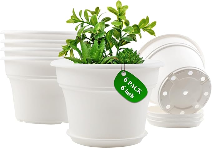 6 Inch Plastic-Flower Pot-for-Indoor Plants, 6 Pack Outdoor Plant Pots with Drainage Holes & Saucers, Resin Garden Pots Planters-Ruum Studio Home