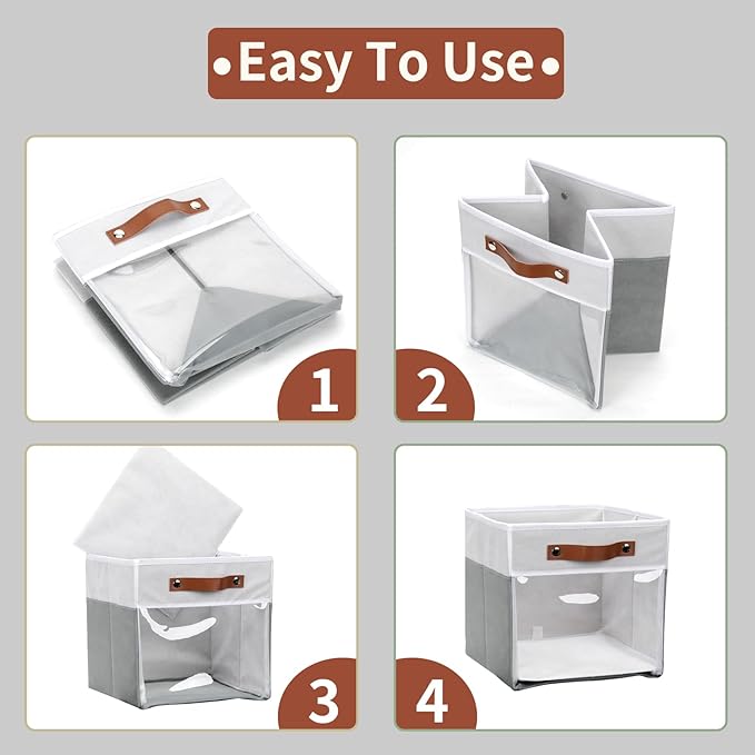 HNZIGE Fabric Cube Storage Bins - 4 Pack 13x15x13 Collapsible Storage Cubes for Organizing Shelves, Closet, Pantry - White, Gray-Ruum Studio Home