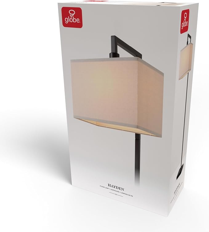 Globe Electric 61000052 60" Floor Lamp, Matte Black, Square White Fabric Shade, On/Off Rotary Switch on Socket, Square Rod, Reading Lamp, Home Office Accessories, Home Décor, Home Improvement-Ruum Studio Home