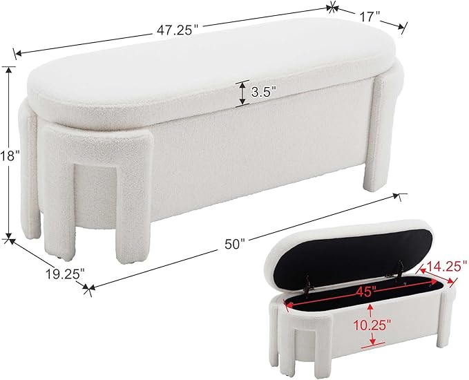 Modern Upholstered Storage Bench, Boucle Sherpa Fabric 50" Long Entryway Bench with Storage and Seating, Comfy Cute Ottoman Bench for Living Room/End of Bed/Hallway, White-Ruum Studio Home