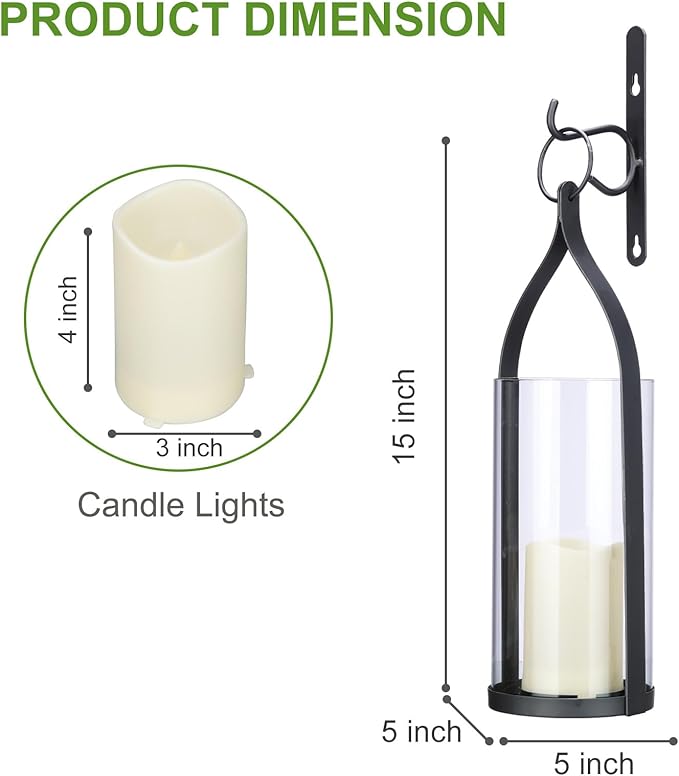 Metal Wall Sconce Candle Lantern Set of 2 - Black Wall Mounted Hanging Holder with Glass & Candles Vintage Wall Decor for Porch, Living Room, Dining Room, Bedroom Indoor Decor-Ruum Studio Home