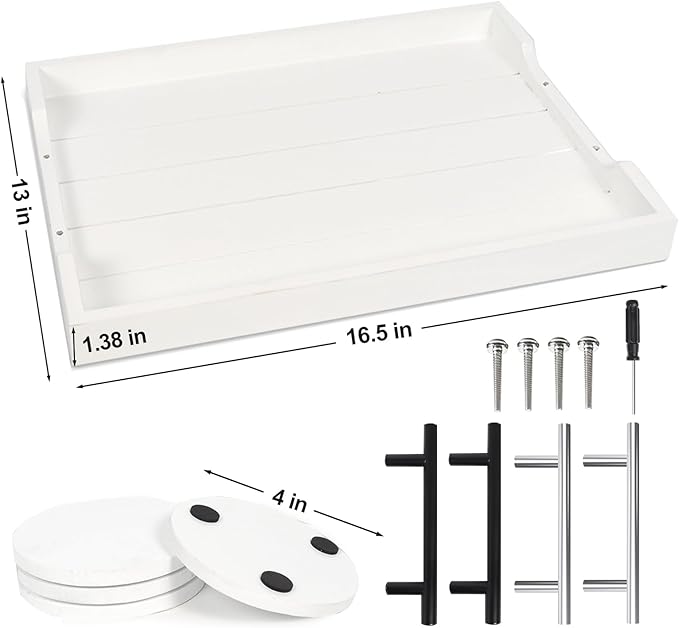 Coffee Table Tray - Large Ottoman Tray for Living Room - Wood Serving Tray with Handles(2 Sets) - Wooden Tray for Coffee Table, 4 Round Coasters Included, White-Ruum Studio Home
