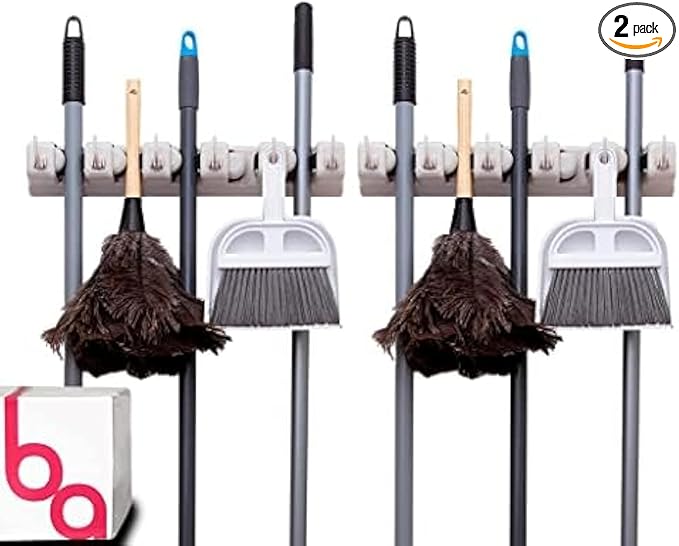 Berry Ave Broom Holder & Wall Mount Garden Tool Organizer- Kitchen, Closet, Garage & Laundry Room Storage With 5 Slots And 6 Hooks- Wall Holder For Broom, Rake & Mop Handles Up To 1.25” [Beige 2-Pack]-Ruum Studio Home