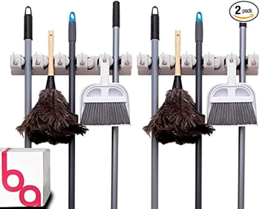 Berry Ave Broom Holder & Wall Mount Garden Tool Organizer- Kitchen, Closet, Garage & Laundry Room Storage With 5 Slots And 6 Hooks- Wall Holder For Broom, Rake & Mop Handles Up To 1.25” [Beige 2-Pack]-Ruum Studio Home