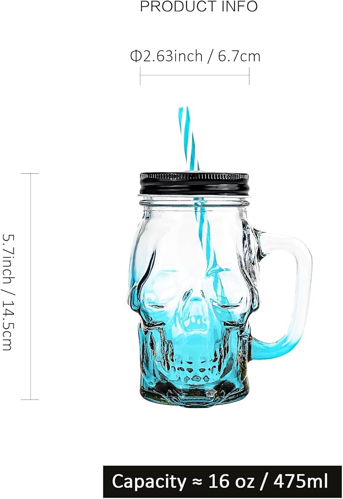 Halloween Cups Set of 4 - Blue Skull Glass Drinking Jar with Lids and Straws - Halloween Decor, Drinking Glasses 16 oz-Ruum Studio Home