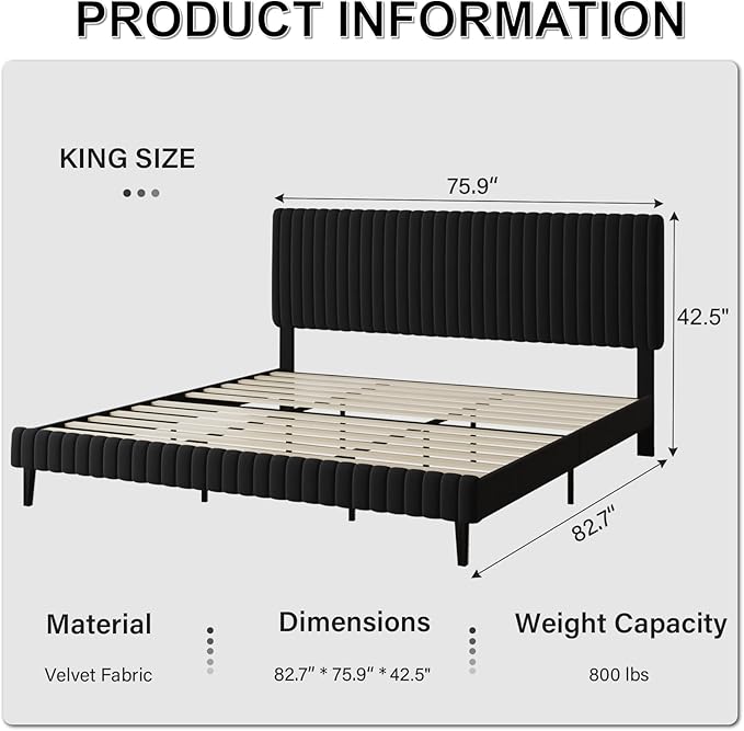 King Size Bed Frame, Velvet Upholstered Platform Bed with Vertical Channel Tufted Headboard and Footboard, No Box Spring Required, Easy Assembly, Black-Ruum Studio Home