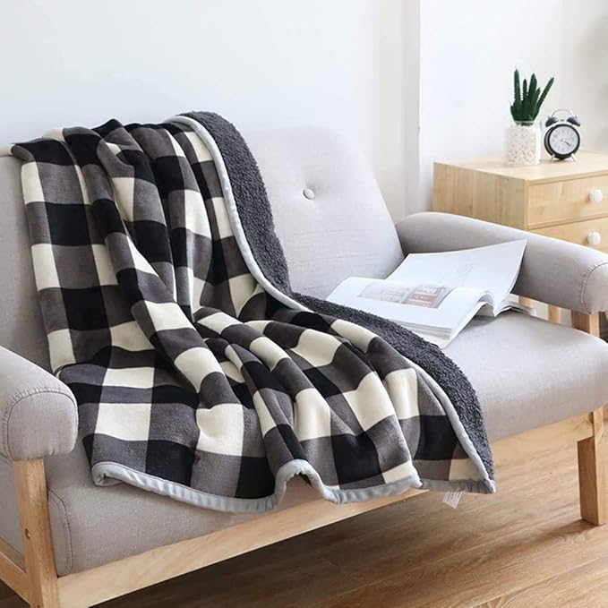 UKELER Buffalo Check Sherpa Throw 80'' x 60''- Soft Plush Flannel Blanket Throws for Bed/Couch/Sofa/Office/Camping-Ruum Studio Home