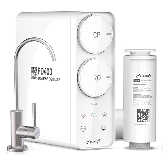 Frizzlife Reverse Osmosis System - Tankless 400 GPD Drinking Water Filtration System, Quick Twist Under Sink RO Filter - 1.5 : 1 Pure to Drain - Reduce TDS, Compact Footprint, USA Tech Support, PD400-Ruum Studio Home