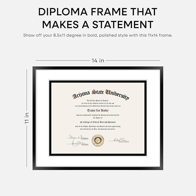 Homeforia 11x14 Diploma Frame Black, High End Metal 11 x 14 Certificate Frame with Mat 8.5 x 11 inch, 14x11 Document Frame Matted to 8.5x11, Award Graduation Frames, Tempered Glass, Wall Kit, Set of 1-Ruum Studio Home