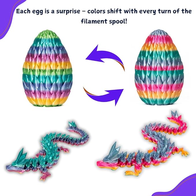 3PCS 3D Printed 12” Articulated Crystal Dragon Inside 5.1” Egg – Fantasy Collectible, Fidget Toy & Stocking Easter Basket Stuffers for Home & Office Decor (3pcs - Rainbow)-Ruum Studio Home