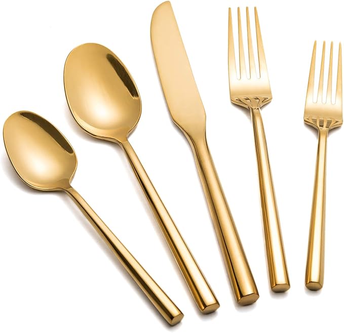 Gold Silverware Set Flatware Set Stainless Steel Cutlery Set 60 Pieces Thick Heavy Hexagon Handle Service for 12-Ruum Studio Home