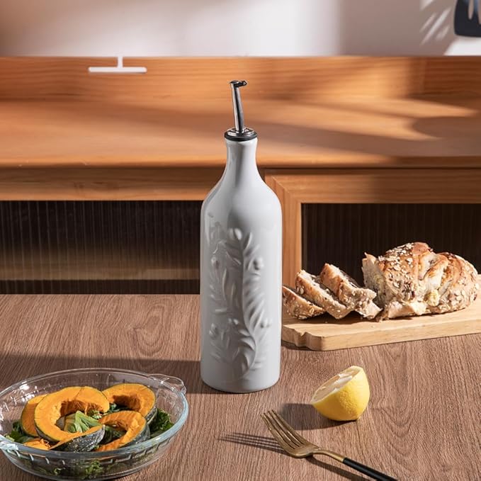 Sweejar Large Olive Oil Dispenser Bottle with Spout, 24 Oz Ceramic Oil Dispenser for Kitchen, Relief Opaque Oil Cruet, Oil Container for Cooking, EVOO, Avocado Oil, Vinegar, Pack of 1(Gray)-Ruum Studio Home