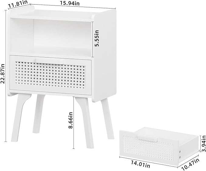 Lerliuo Rattan Nightstand, Side Table with Drawer Open Shelf, Cane Accent Bedside End Table with Solid Wood Legs, Mid Century Modern Night Stand for Bedroom, Dorm and Small Spaces (White)-Ruum Studio Home