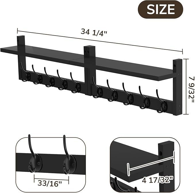 AMBIRD 34.2" Extra Long Wooden Wall Hook Rack with Shelf - Versatile and Decorative Wall-Mounted Storage with 10 Hooks for Coats, Hats, Keys, Scarves - Ideal for Entryways, Bedrooms, Closets (Black)-Ruum Studio Home