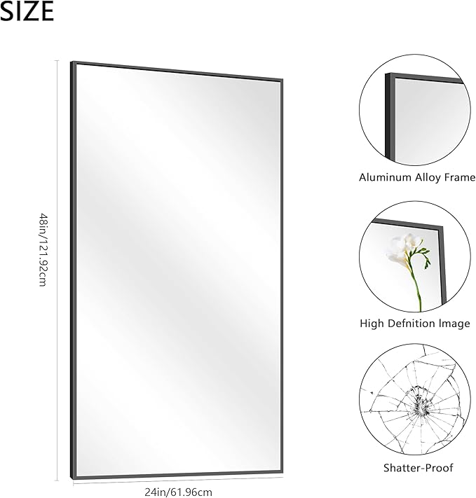 48x24In Black Bathroom Mirror for Wall, Rectangle Mirrors with Metal Frame, Bathroom Rectangular Mirror Modern Wall Mirror for Bedroom Living Room, Entryway Hangs Horizontal or Vertical-Ruum Studio Home