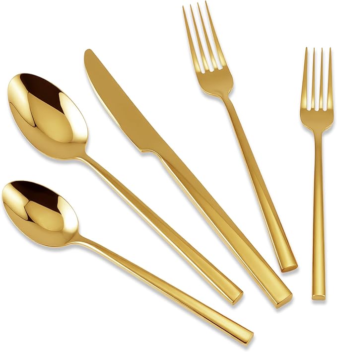 Stainless Steel Flatware Set Hand Forged 18/10 Silverware Set Cutlery Set Gold Cuboid Handle Mirror Finished 20 Pieces Service for 4-Ruum Studio Home
