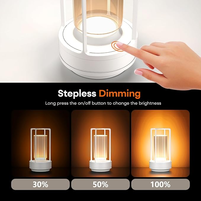 Portable Metal Table Lamp for Indoor/Outdoor ,Rechargeable Cordless LED Lamp, 3-Colour Infinitely Dimming Battery Powered Small Desk Lamp, Restaurant/Bedroom/Bar/Coffee/Camping Light (White Set of 2)-Ruum Studio Home