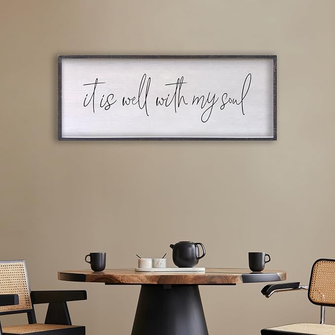 It Is Well With My Soul Wall Decor 32"x12" Bible Verse Christian Scripture Wood Framed Art Sign for Master Bedroom Living Room(Black)-Ruum Studio Home