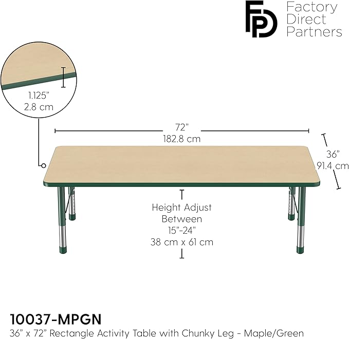 FDP Rectangle Activity School and Classroom Kids Table (36 x 72 inch), Toddler Legs, Adjustable Height 15-24 inches - Maple Top and Green Edge-Ruum Studio Home