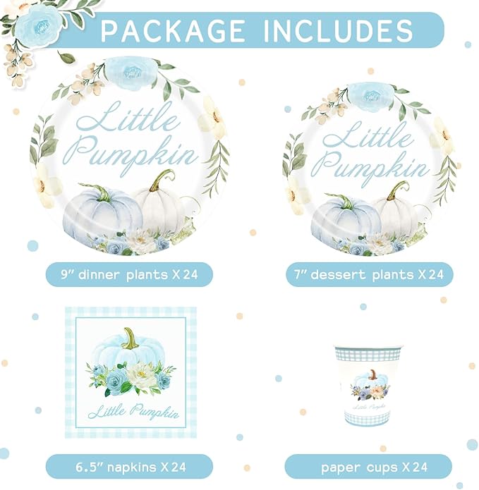 Aukolass Pumpkin Party Supplies Tableware Set - Fall Theme Party Decorations Including Plates, Napkins and Cups for Pumpkin Birthday and Baby Shower Party, Serves 24 Guests (blue)-Ruum Studio Home