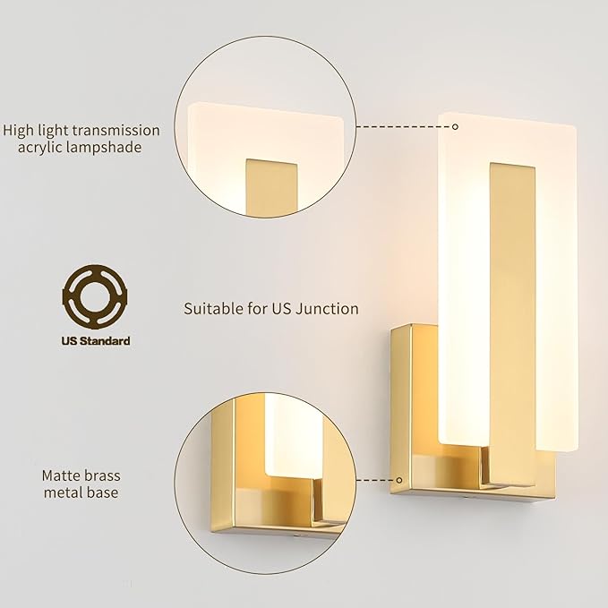 Joosenhouse Modern LED Wall Sconce Set of 2, Dimmable Hardwired Bathroom Vanity Light Indoor Wall Sconce for Hallway, Bedroom, Study, Living Room, 9.76 Inch Brass Wall Lights-Ruum Studio Home
