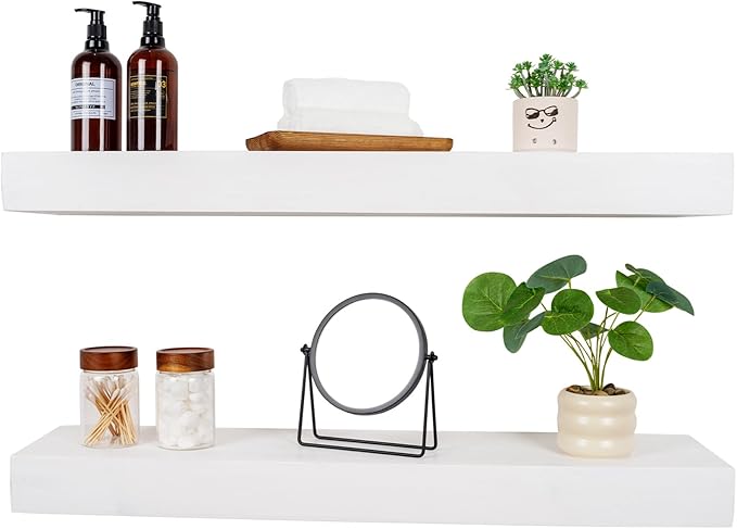 Floating Shelves 3 inch Thick for Wall Set of 2,Solid Pine Wood Wall Mount Shelf for Kitchen Living Room Bedroom Bathroom,8" D x 36" L x 3" H-White-Ruum Studio Home