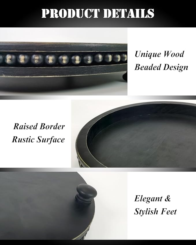 12 Inches Rustic Wooden Decorative Tray, Small Round Beaded Wood Tray for Kitchen Dinning Table Centerpiece Decor Entryway Living Room Home Decor, Black-Ruum Studio Home