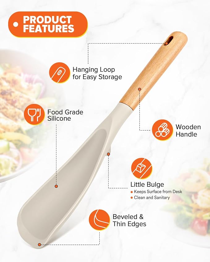 Cooking Spoon and Scraper for Nonstick Cookwares, Great for Cooking and Serving Durable BPA-Free Matte Silicone, Wood Handle Multifunction Spoon for Mixing, Scoop, and Scrape (KHAKI)-Ruum Studio Home