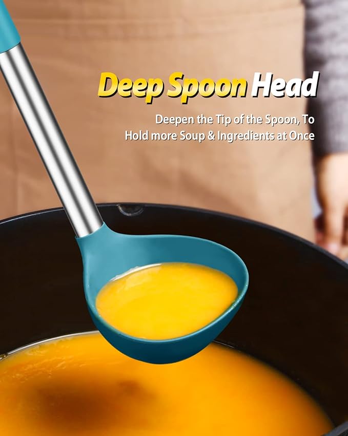 Silicone Pasta Fork and Ladle Spoon Set, Large Non Stick Kitchen Utensils for Cooking,Stirring,Serving Spaghetti, Soup, Sauce (BLUE)-Ruum Studio Home