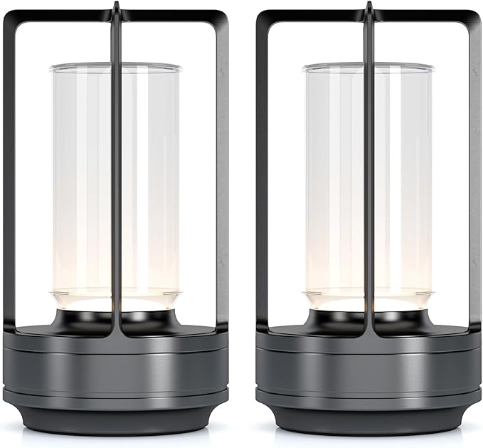 Portable Metal Table Lamp for Indoor/Outdoor ,Rechargeable Cordless LED Lamp, 3-Colour Infinitely Dimming Battery Powered Small Desk Lamp, Restaurant/Bedroom/Bar/Coffee/Camping Light (Grey Set of 2)-Ruum Studio Home